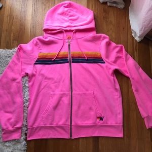 Aviator Nation Unisex 5 Stripe Zip Hoodie Neon Pink XL